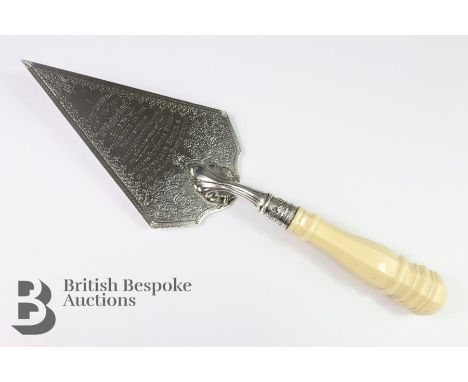 A Victorian silver trowel with ivory handle, engraved 'Presented to Wm (William) Bates Esq J.P. Chairman of the Twickenham Ur