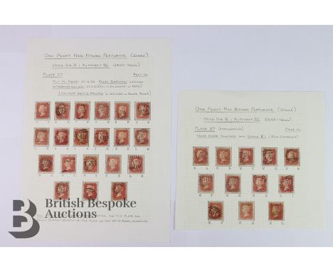 Two pages of 1d reds each showing a gothic K from plate 27. 32 examples written up.