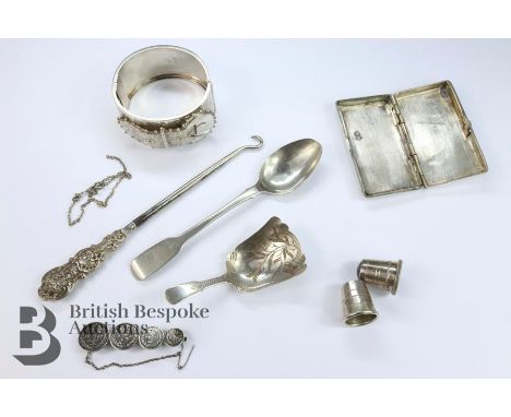 Miscellaneous silver including a Victorian buckle cuff Birmingham hallmark dated 1880; silver cigarette case Birmingham hallm