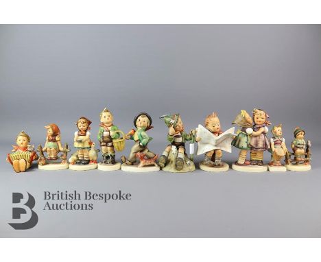 Ten Goebel West Germany figurines including one girl feeding ducks 11.5cm, one boy with basket 13.5cm, one boy reading a news