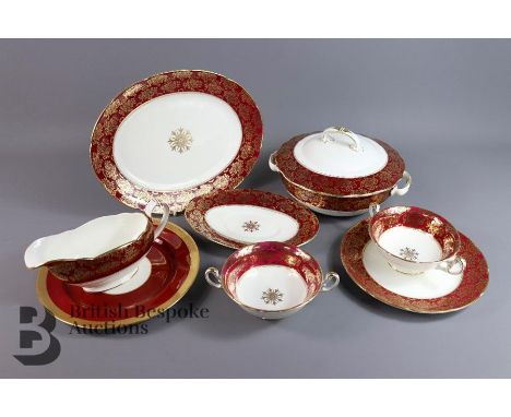 A part Foley china dinner set with red and gold design, including 4 serving platters (21cm, 29cm, 35cm, 40cm), 2 lidded servi