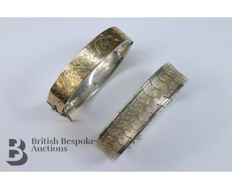 Vintage silver floral bangle, decorated with flowers, stamped VA, approx 9 cms together with an antique silver and 9ct gold b