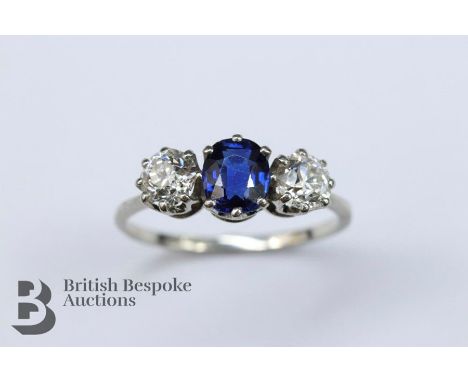 Antique Natural Sapphire and Diamond Ring, the cushion-cut royal blue sapphire approx 5.6 x 5 mm, flanked by two old-cut diam