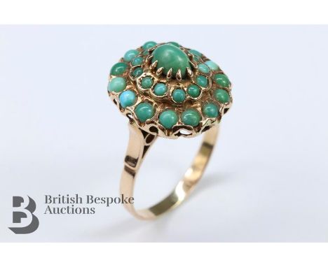 Late 19th century 14ct gold turquoise ring, size U, approx 5 gms., the ring set with twenty six turquoise, no hallmarks but t