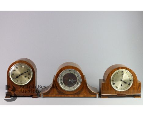 Three foreign mantel clocks, the first having brushed steel face with Roman dial, strikes to rods, complete with pendulum and