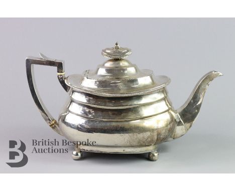 Georgian silver teapot, London hallmark, dated 1813, mm TD (rubbed), silver handle and finial, approx 531 gms. 