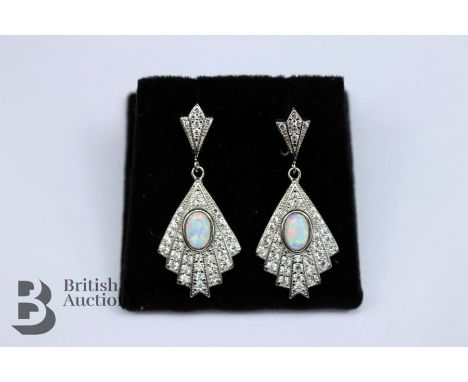 A pair of silver and opal panelled fan-shaped earrings in the Art Deco style, approx 30 mm, 4.97 gms.&nbsp;&nbsp;