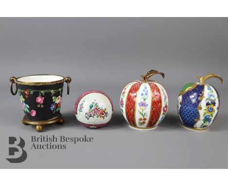 Royal Worcester 'The Connoisseur Collection' red apple and plum candle snuffers, together with a circular hand painted paperw