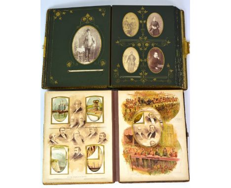 A Victorian leather bound photograph album containing a quantity of portrait photographs and a further vacant Victorian photo