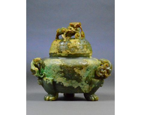 A Chinese russet included carved jade bowl and cover, the acanthus decorated cover set with a chilong above three similarly s