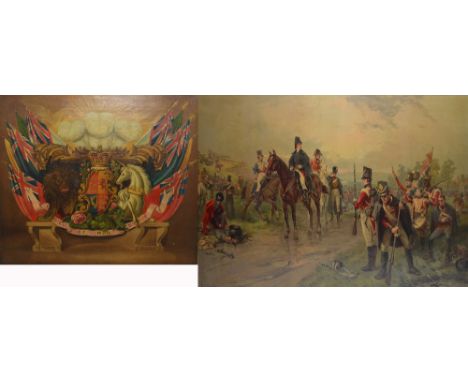 UNATTRIBUTED; oil on canvas, the coat of arms of the British Monarchy and after R. Hillingford; a print, 'Wellington at Water