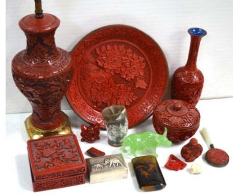 A modern Oriental collectors lot comprising red lacquer items to include a vase, height 23cm, a table lamp on gilt metal base