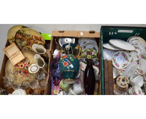 Three boxes of collectibles to include vintage sherry glasses, decorative plates, teaware, an oak biscuit barrel etc.