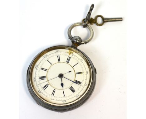 Holts of Rainhill; a hallmarked silver open faced pocket watch, the enamel dial set with Roman numerals and a 0-300 chronogra