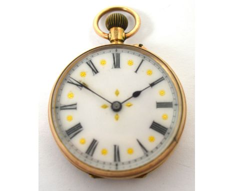 A 9ct gold lady's crown wind pocket or fob watch, enamel dial set with Roman numerals and gilt markers. CONDITION REPORT Slig