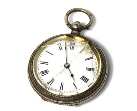 A hallmarked silver open face pocket watch, enamel dial set with Roman numerals, Birmingham 1883 (af). CONDITION REPORT The g