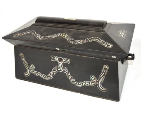 A large ebonised and mother of pearl inlaid two division tea caddy with central glass mixing bowl (af), length 35cm.