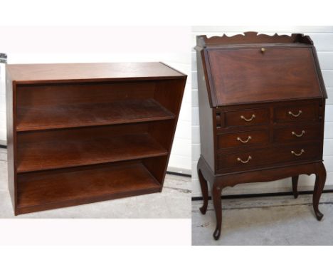 A reproduction hardwood bureau, fall front over four drawers over one long lower drawer and a matching two shelf bookcase (2)