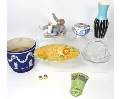 A Nao figurine of a boy and dog, a Spode blue and white Oriental style lidded pot, a George VI coronation commemorative glass