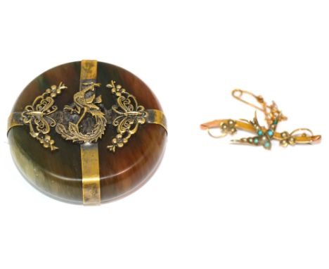 A 9ct yellow gold bar brooch with sea pearls and turquoise stones set into a swallow flanked by two clover leaves and a Chine