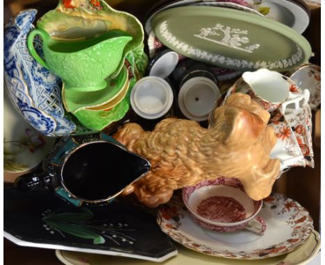 A quantity of ceramics and glassware to include a Sylvac model of a terrier, decorative Carlton ware ceramics, a part Victori