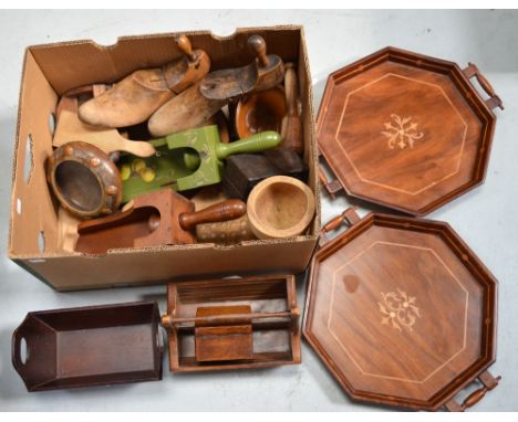 A box of treen to include, boxes, letter racks, bowls, two octagonal inlaid trays and a vintage pair of wooden shoe trees.