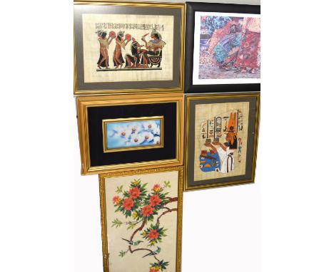 Five Oriental and Eastern artworks to include hand painted silk depicting hibiscus blossoms and tropical birds, signed lower 