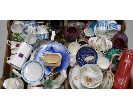 Two boxes of collectibles to include retro floral teaware, a pair of flow blue plates, one with impressed 'Doulton' mark, vin