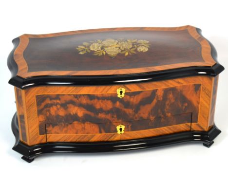 A Reuge fifty note special edition music and jewellery box, a walnut case with cross banding and mother of pearl floral inlay
