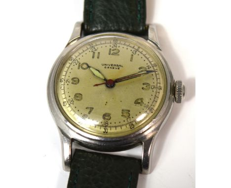 Universal Geneve; 1940s gentlemens military style watch, all stainless steel case, high grade 17 jewel manual wind movement, 