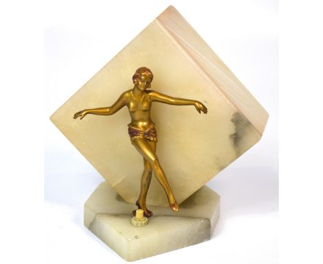 An Art Deco white onyx figural lamp with gilt cold painted flapper, height 19cm. CONDITION REPORT Very minor chipping to base