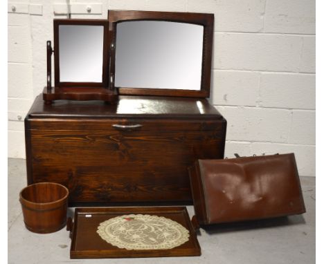 A mid 20th century blanket box, 92cm, a mahogany framed mirror, a swivel dressing table mirror, a small vintage suitcase, a w