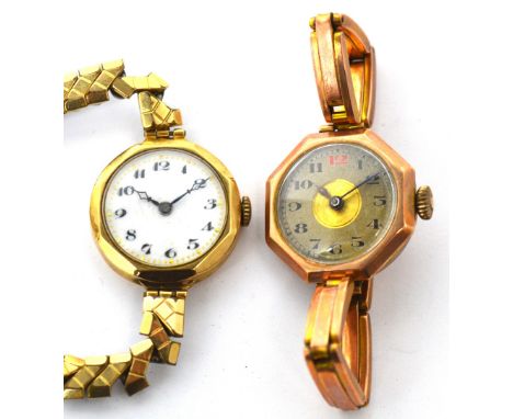 A 9ct rose gold lady's wristwatch octagonal head and silvered dial set with Arabic numerals on strap marked 9ct and a similar