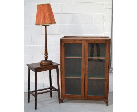 A mid 20th century small rectangular side table on splayed legs, an oak turned tall table lamp converted from a standard lamp