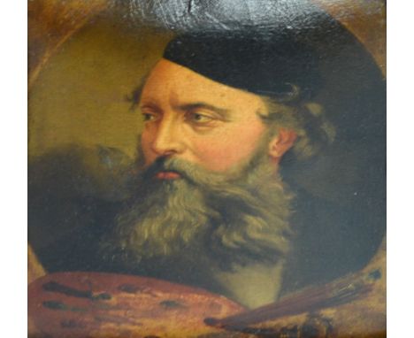19th CENTURY CONTINENTAL SCHOOL; oil on card, portrait of a bearded artist holding pallet, unsigned, 33 x 27cm, framed. CONDI