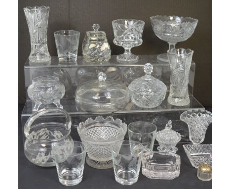 A small quantity of cut and crystal glass to include trinket pots, vases, lidded glass bowls etc. 
