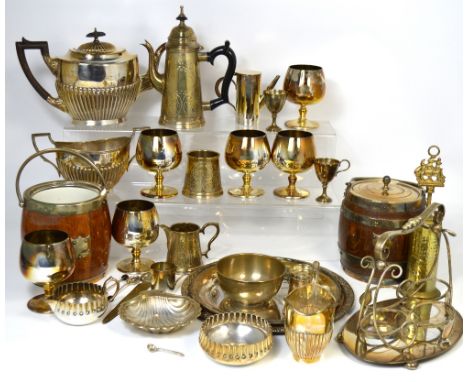 A quantity of plated ware to include a treen biscuit barrel with plated handle and top, a plated part Kemp brothers tea servi