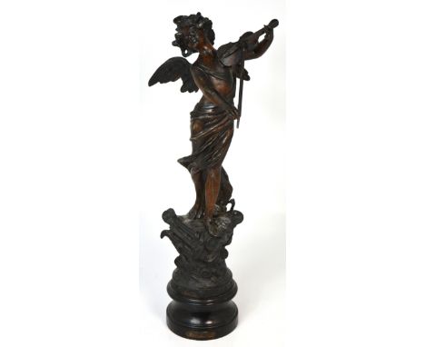 A spelter figure of a young girl with wings playing a violin on rounded ebonised base with plaque inscribed 'La Musique', hei