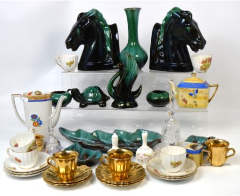 A quantity of ceramics to include gilded teaware, Canadian blue pottery to include horse head ceramic book ends and a small q