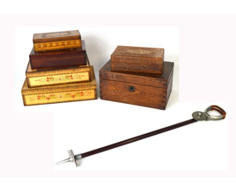 A 19th century oak sewing/jewellery box, 14 x 28cm, five further jewellery/trinket boxes and a shooting stick (7).