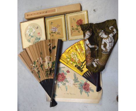 A small quantity of Chinese floral prints on silk, character marks to the top left hand corner, two large Oriental fans and a