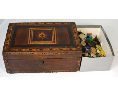 A 19th century mahogany inlaid sewing box containing a quantity of vintage buttons.