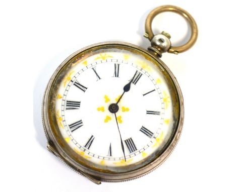 A Continental silver key wind open face pocket watch, enamel dial set with Roman numerals and gilt decoration.