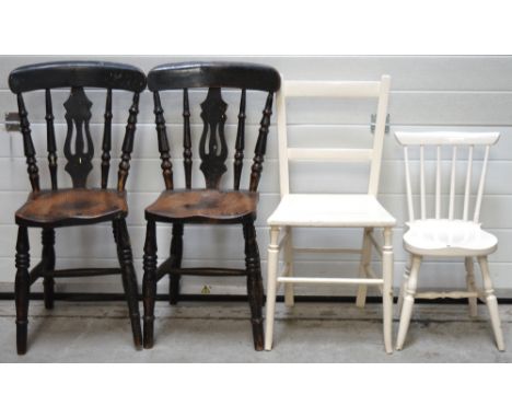 A pair of ebonised rustic kitchen chairs (af), a white painted stick back childs chair and a white painted ladder back chair 