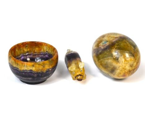 A Blue John small circular bowl, diameter 4.5cm, Blue John egg and a small Blue John model of a piglet, length 3.9cm (3).