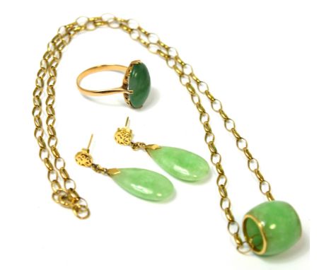 A 9ct yellow gold and jade jewellery suite comprising necklace, earrings and ring, size O. CONDITION REPORT Ring is matched, 