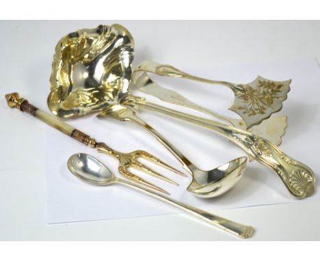 A small quantity of plated ware to include a punch ladle, small ladle, serving fork with mother of pearl handle etc.