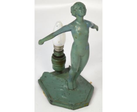 An Art Deco green painted lead figural table lamp, height 29cm.