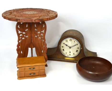 A vintage oak Napoleon hat clock, a small Indian carved table, a wooden bowl and a jewellery box (4).
