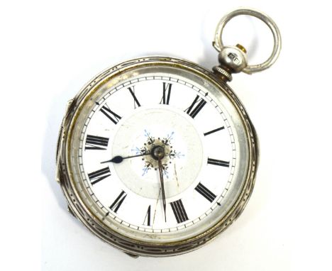 A silver open face pocket watch, enamel dial set with Roman numerals, Birmingham 1886.